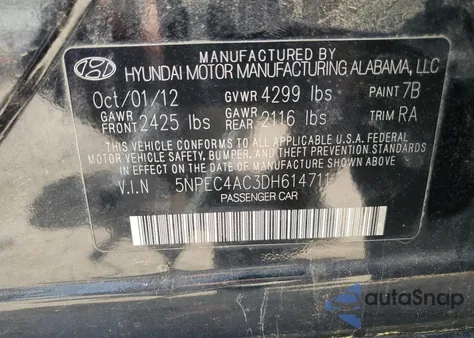 2013 Hyundai Sonata Se из США, поврежденный, VIN 5NPEC4AC3DH614711